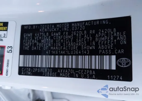 2020 Toyota Camry Xse from USA, damaged, VIN 4T1K61AK1LU364143